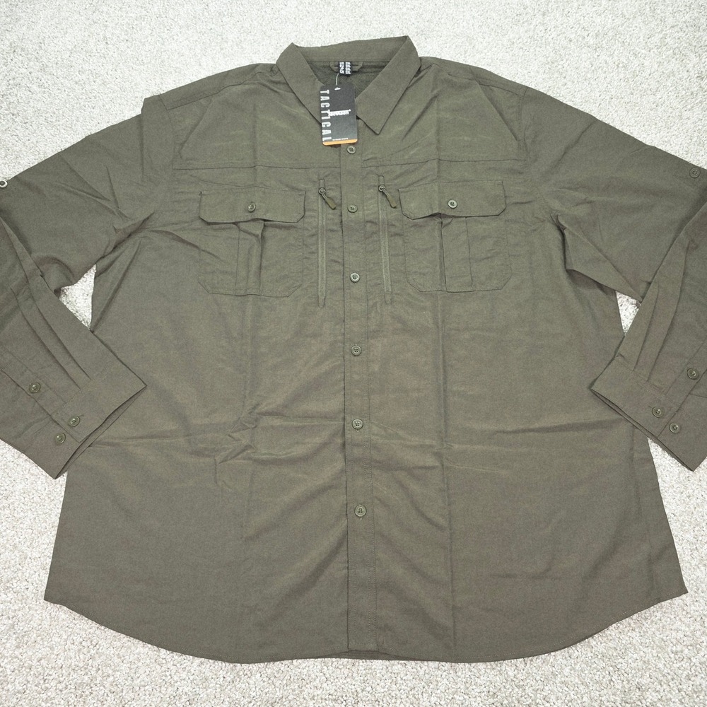 TacVasen Mens Tactical Shirt 2XL Olive Green Nylon Long Sleeve Hiking Fishing
